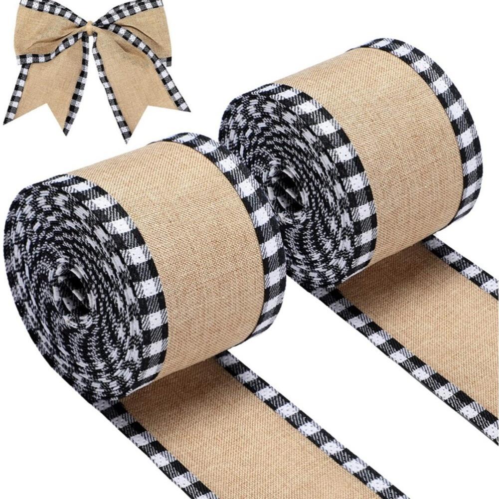2 Yard Christmas Buffalo Plaid Wired Edge Ribbons Burlap Lace Fabric Craft Wrapping Ribbon Rolls With Checkered Edge 6.3CM Wide