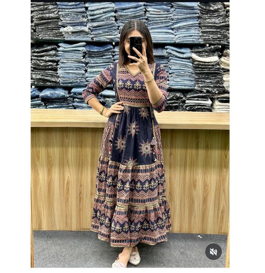 Women Bollywood Printed Cotton Anarkali Kurta Pant Dupatta Set Indian Designer Top Tunic Salwar Suit