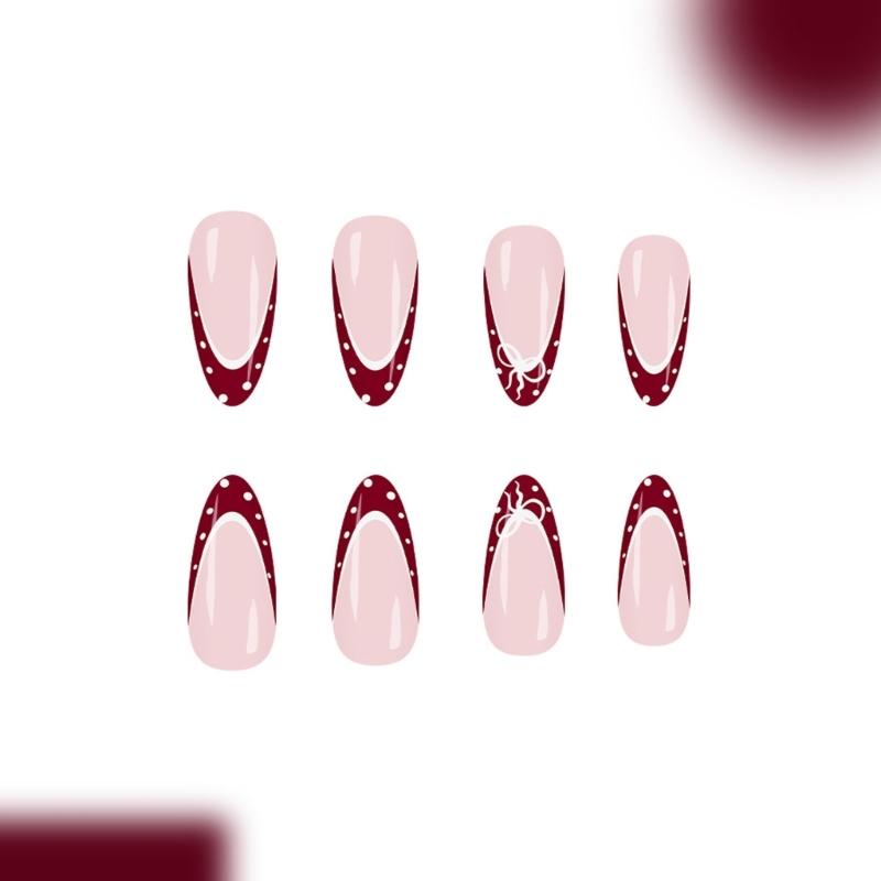 Glossy Press On Nail Almond Shaped Wine Red French Tip With White Polkas Dots and Bows Design 24Pcs for Women Party