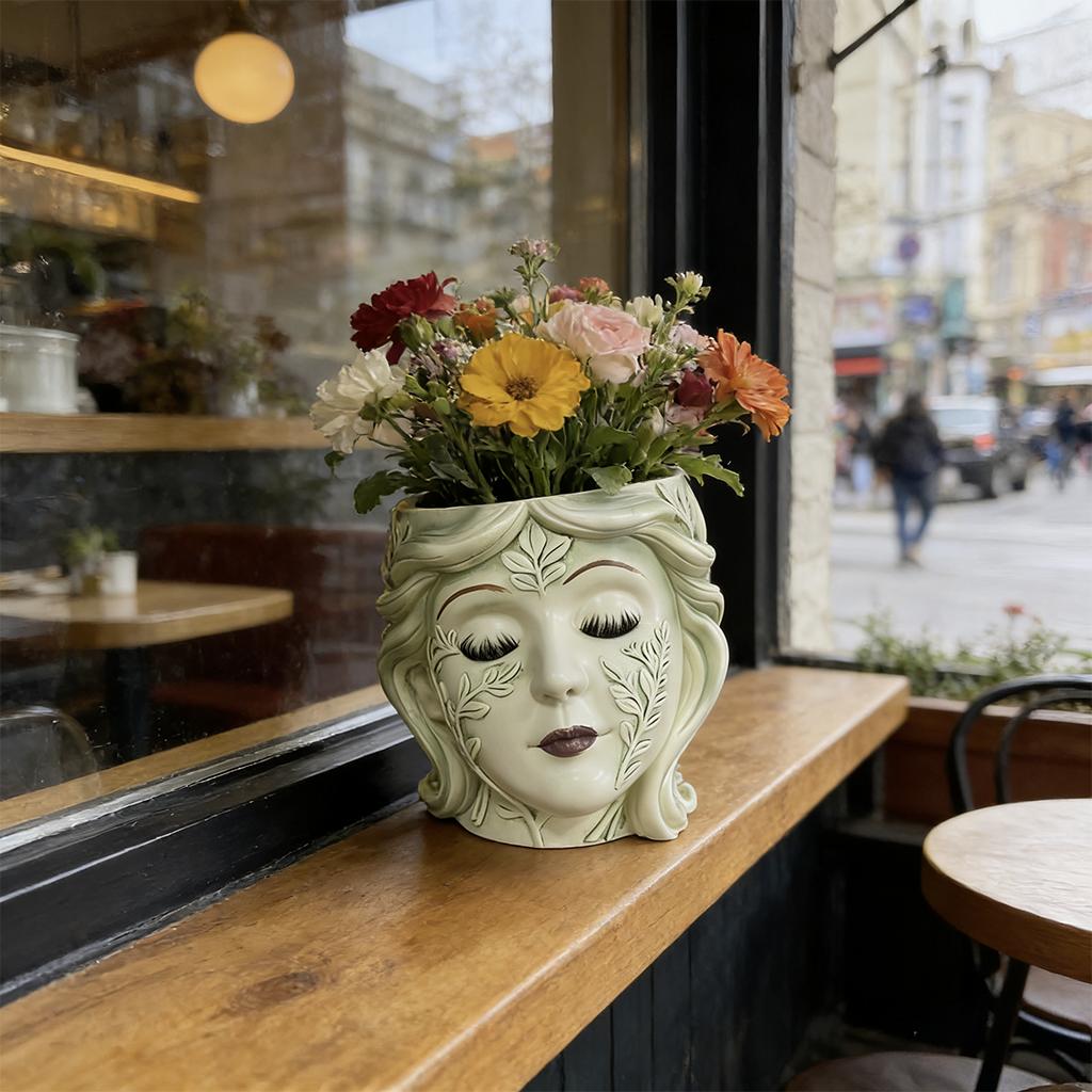 One Vintage Goddess Head Planter, Hand-Painted Resin Face Flower Pot, Indoor Outdoor Garden Decor Home Ornament with Boho Artist