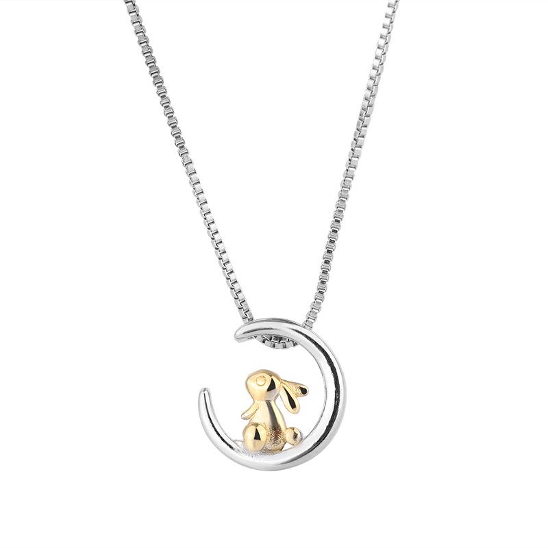New Fashion Cute Rabbit Moon 925 Sterling Silver Cartoon Sweet Animal Clavicle Chain Pendant Necklaces TYB179