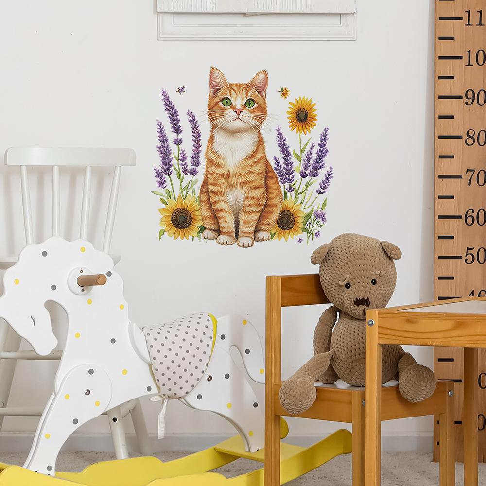 Cartoon Orange Cat Sunflower Lavender Bedroom Living Room Entrance Hall Home Beautification Wall Stickers