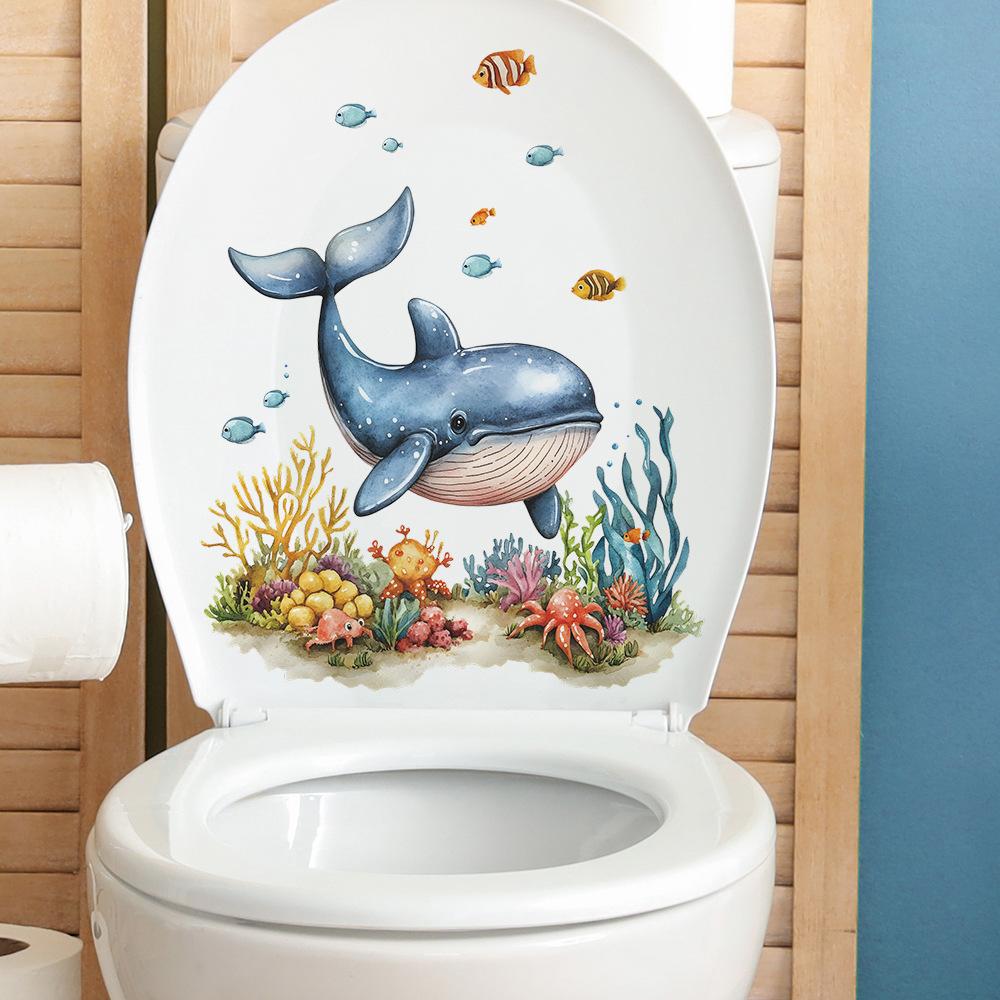 Autocollants de décoration pour salle de bain, toilettes, dessin animé, baleine, algues, monde sous-marin