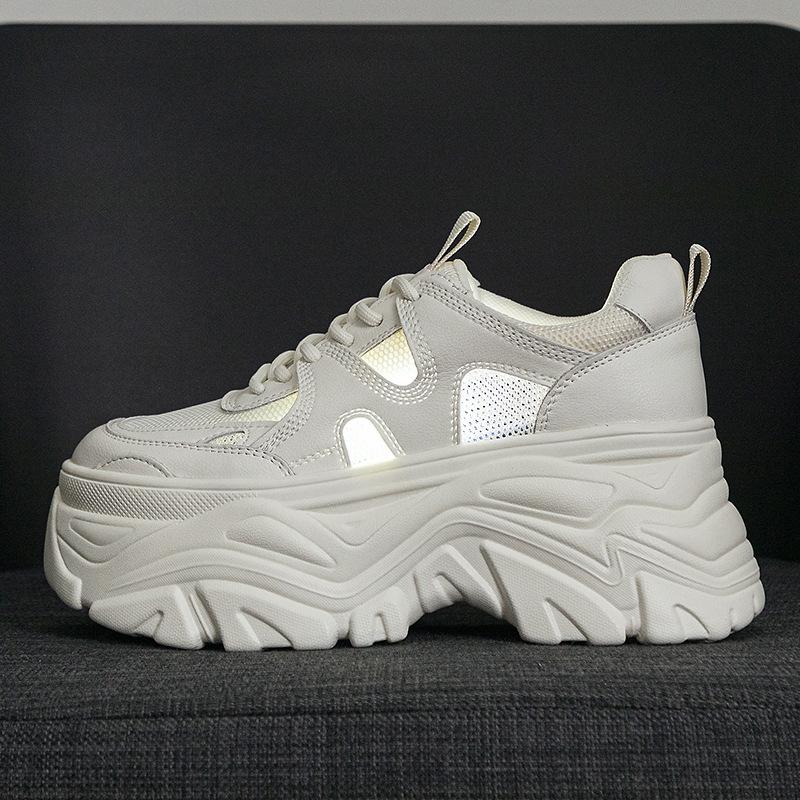 White Chunky Platform Sneakers Ultra Thick Sole Height Increasing Casual Shoes Lace Up Lightweight Non Slip For Daily School