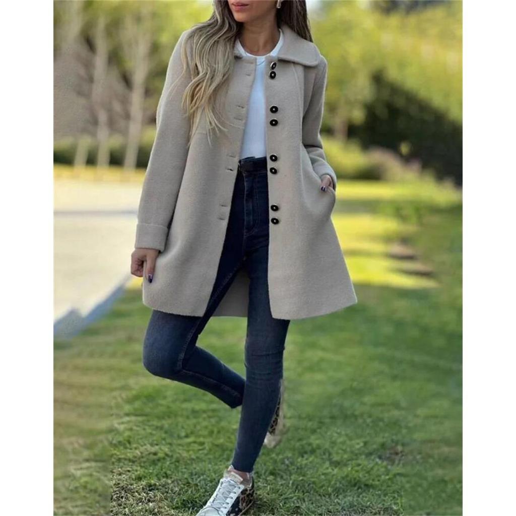 Autumn Winter Fashion Wool Blend Coat Women's Single Breasted Warm Outerwear with Fleece Lining
