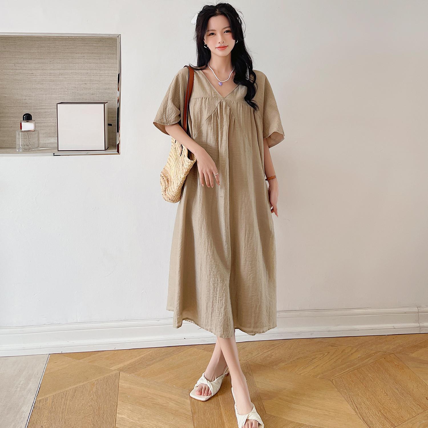 

DIMANAF 2025 Плюс Размер Лето Футболка Платье Женское Свободное Показ Тонкий Винтаж Хлопок Повседневный V-образный вырез Половина Рукава Однотонный Длинное Платье XL бежевый