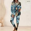 Women Plus Size Black Printed Round Neck Long Sleeve Longline Top Fitted Pants Two Piece Set
