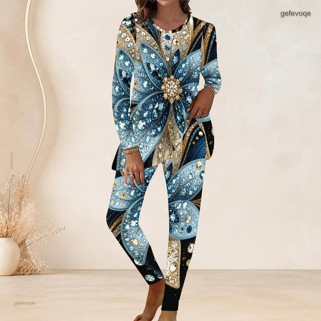 Women Plus Size Black Printed Round Neck Long Sleeve Longline Top Fitted Pants Two Piece Set