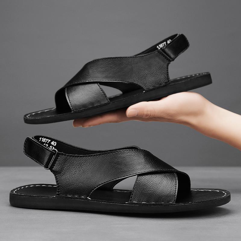 Fashion Vintage Style Summer Men's Sandals Genuine Leather Male Casual Shoes Outdoor Men Open-toe Beach Shoes Leisure Walk Roman Flats
