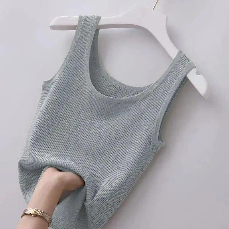 Sommer Ensfarget Tettsittende Casual Camisole Dame Pluss Størrelse Slank Yttertøy Elegant Vest Kvinne Enkel Underdel Uten Ermer Tynn Stil Chic Ny