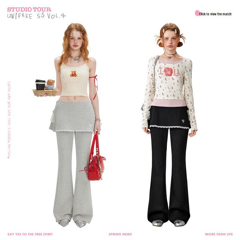 

UNIFREE Fake Two-Piece Lace-Trim Wide-Leg Pants L