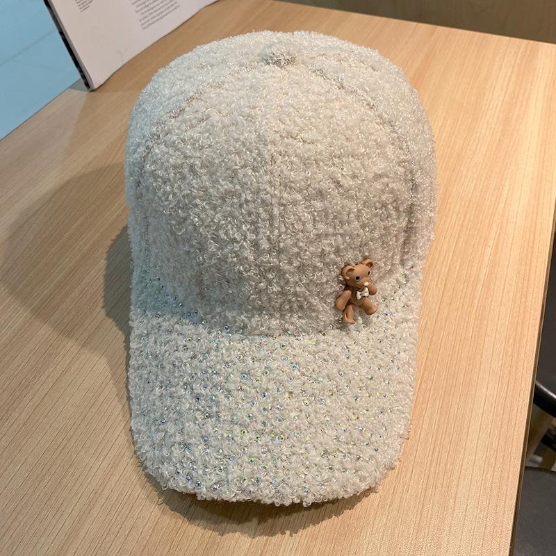 Korean Autumn and Winter Fashion Diamond Brim Plush Baseball Hat Korean Style Cute Little Bear Warm Baseball Cap Trendy