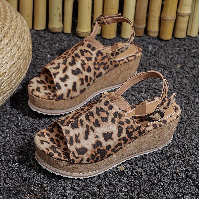 

Fish mouth pine sandals women s summer new leopard print thick-soled wedge sandals large size women s shoes 43