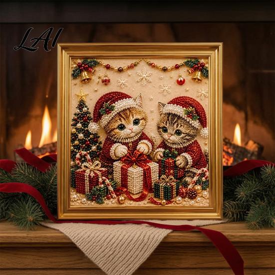 Relaxing Handmade Faux Pearl Sets Christmas Cat Art Kit with Frame Kitty Painting DIY Decorative Supplies Kit 3D Bead Wall Craft for Adults