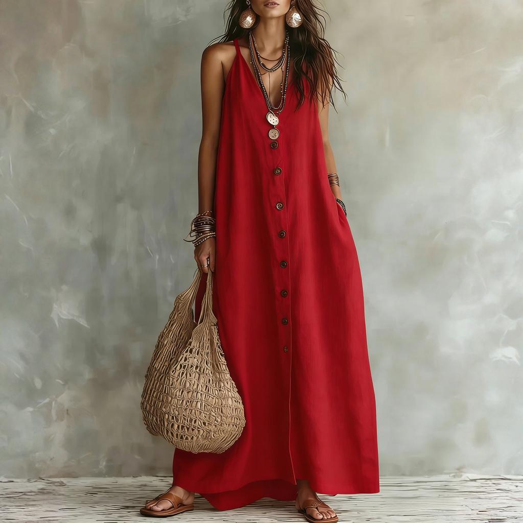 Damen Lässiges Maxikleid mit Knopfleiste Ärmellos V-Ausschnitt Lang Leinen Baumwollmischung Sommerkleid Lockere Passform Strandkleid