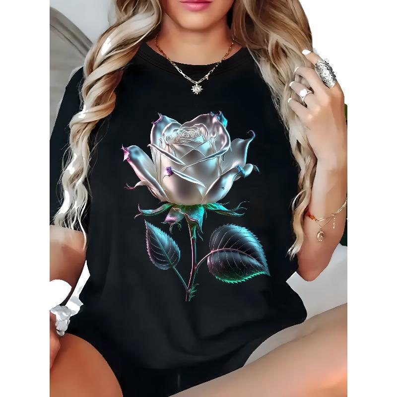 

European sizes Graphic Print T-shirt, Short Sleeve Crew Neck Casual Top for Summer & Spring, Women s Clothing 4XL чорний