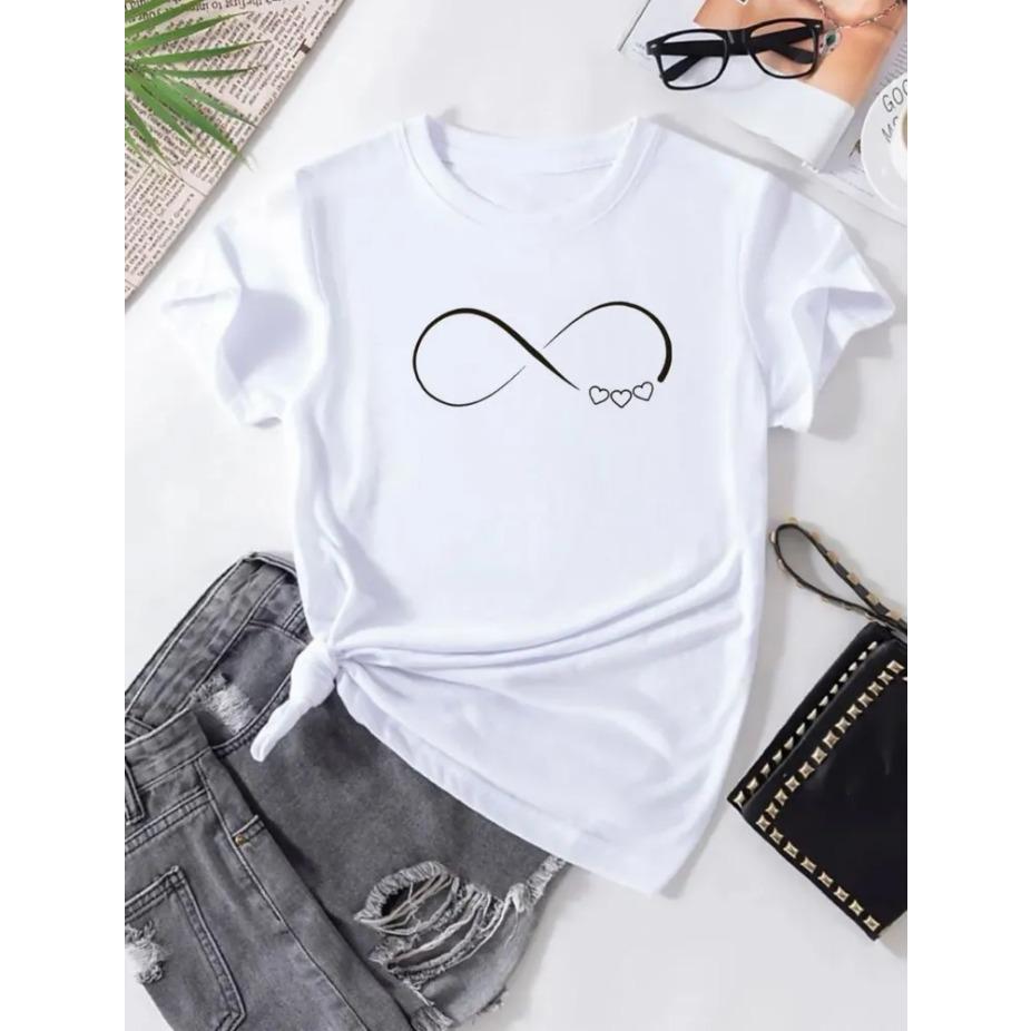 Dámské bavlněné letní tričko s krátkým rukávem a potiskem srdce, s kulatým výstřihem