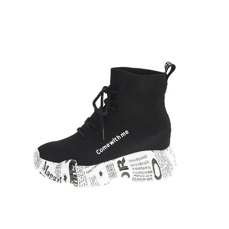 

Autumn new thick-soled inner heightening socks boots women s high-top lace-up letter short boots knitted breathable Martin boots 40 чорний