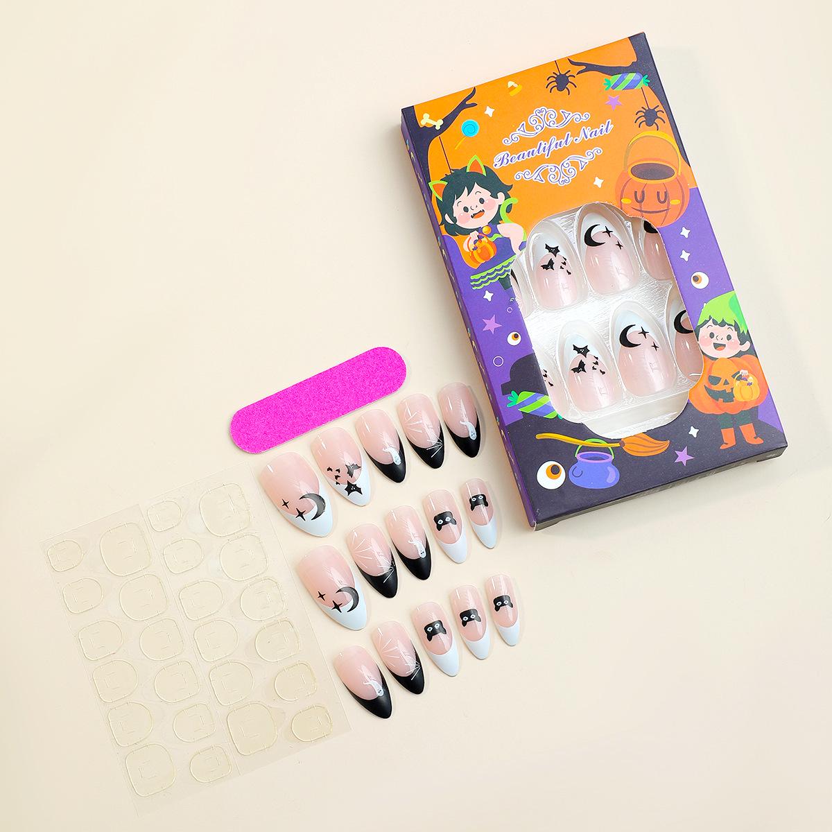 

Призрачный французский кончик Хэллоуин миндалевидные накладные ногти - Черно-белые