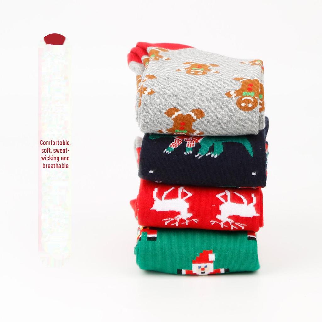 "Trendy Colorful Men's Socks: Medium/High Tube, Large Christmas Elements, Casual Cotton."