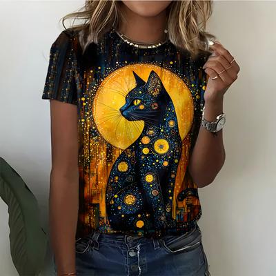 Mond und Sterne Mysteriöse Katzenkunst Damen T-Shirt Lässig Mode Bequem Schwarz Kurzarm