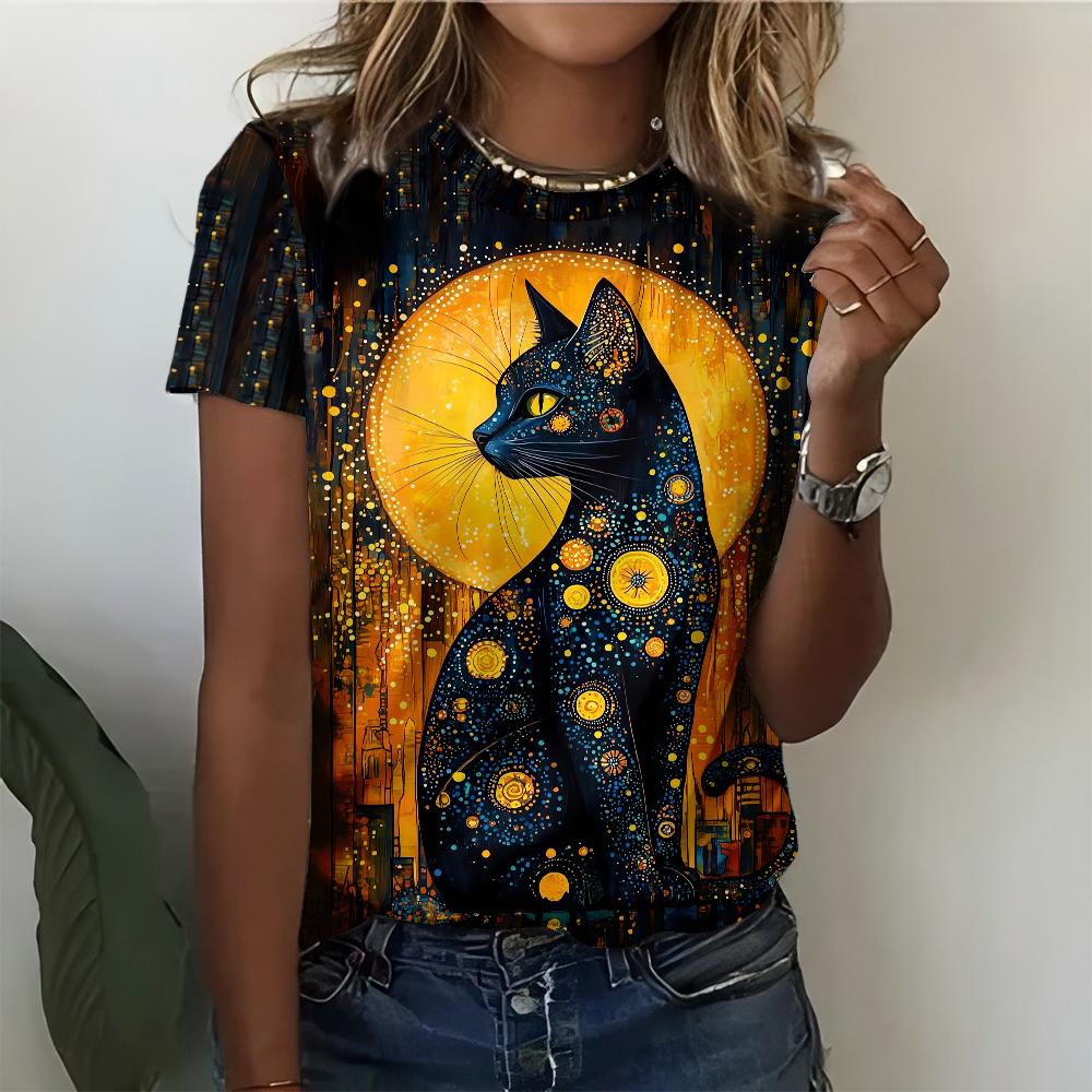

Women s T-shirt, mysterious moon and star cat design, casual fashion, comfortable, black, short sleeved 2XS