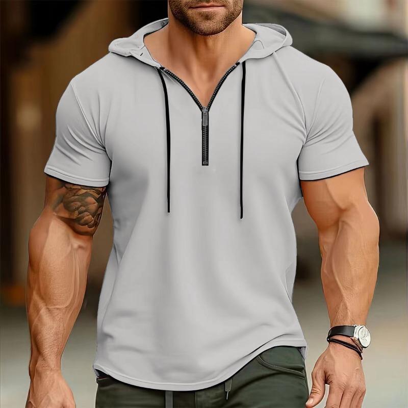 Summer New Men's Hooded Sports Fitness Versatile Casual Short Sleeved T Shirt