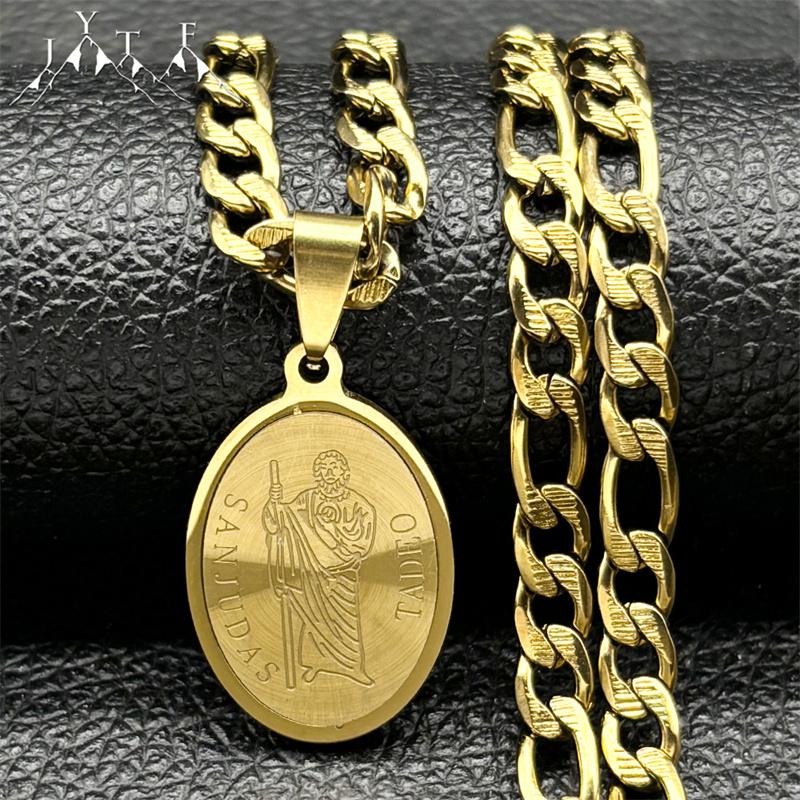 Collar Colgante Medalla Cristiana de San Judas Tadeo para Hombres Mujeres Acero Inoxidable Color Dorado Plateado Cadena de San Judas Joyería