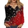 Women's Fashionable Casual V-neck Blouse Button Christmas Printed Long-sleeved Pullover T-shirt Top