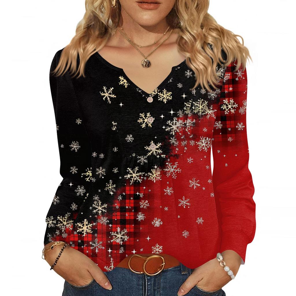 Women's Fashionable Casual V-neck Blouse Button Christmas Printed Long-sleeved Pullover T-shirt Top