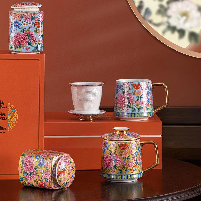 Gilt Cloisonné Enamel Women's Ceramic Mug with Tea Infuser and Square Canister