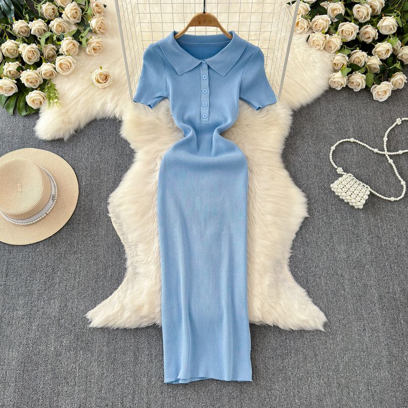 2024 Summer Korean New Elegance Retro Elegant Short Sleeve Polo Collar Waist-Tight Slimming Knitted Hip-Wrapped Dress