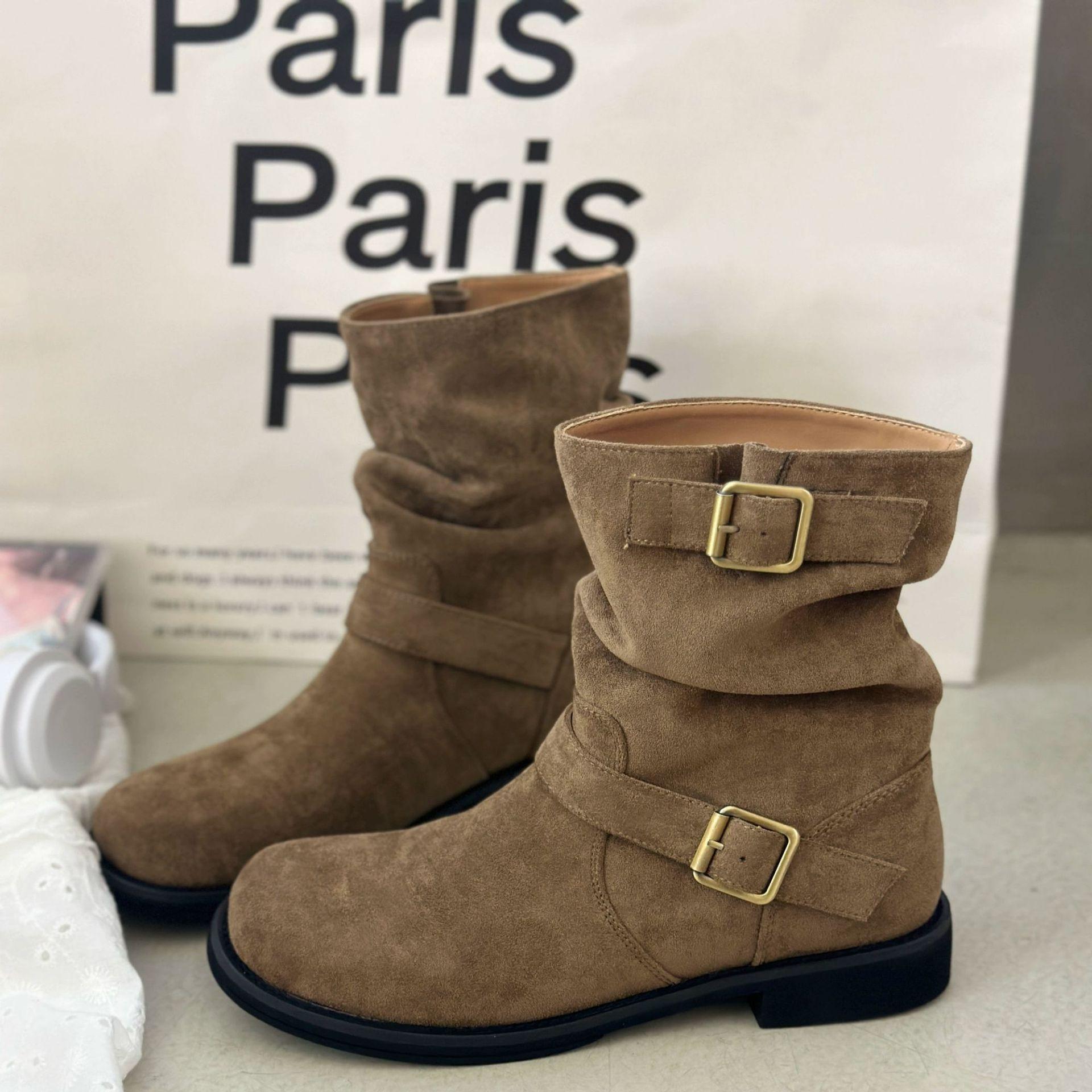 

2025 autumn and winter new western cowboy boots women s retro stacking boots medium tube Martin boots flat-bottomed velvet short boots British 39 коричневый