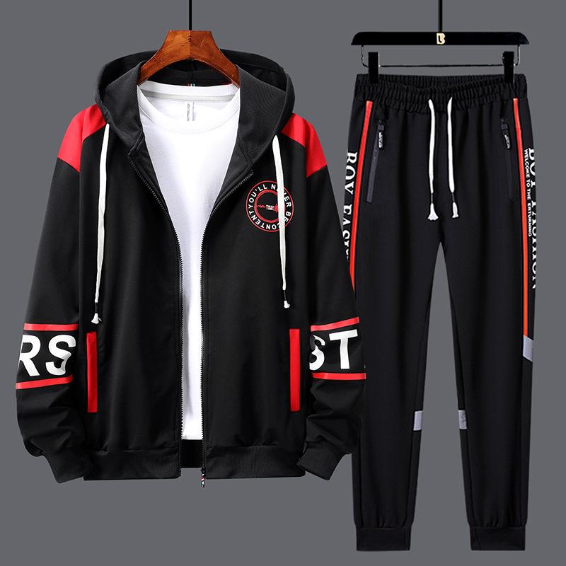 Повседневный костюм Мужской Кардиган Куртка на молнии Брюки Крутой Модный Цветной Блочный Спортивный костюм Комплект из двух предметов L