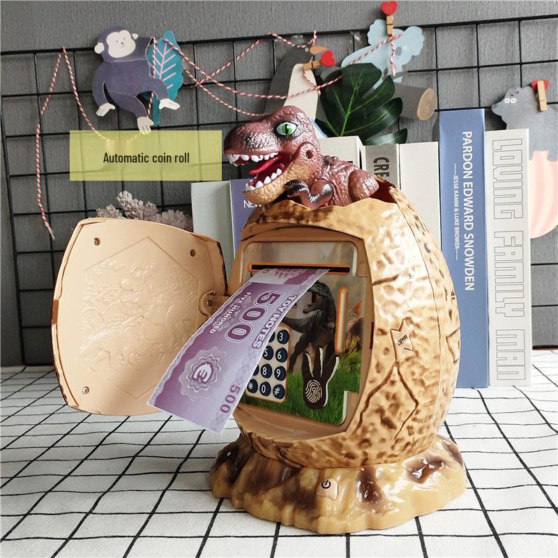 Dinosaur Egg Piggy Bank with Password Lock, Fingerprint, Luminous Music, and Automatic Money Rolling Feature for Kids.