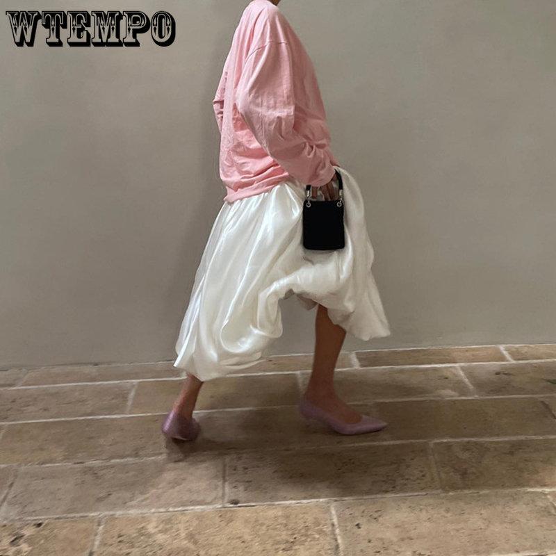 WTEMPO Beige Black Satin Silk Loose Skirts for Women Elegant High Waist Office Lady Solid Casual Ankle-Length Skirts