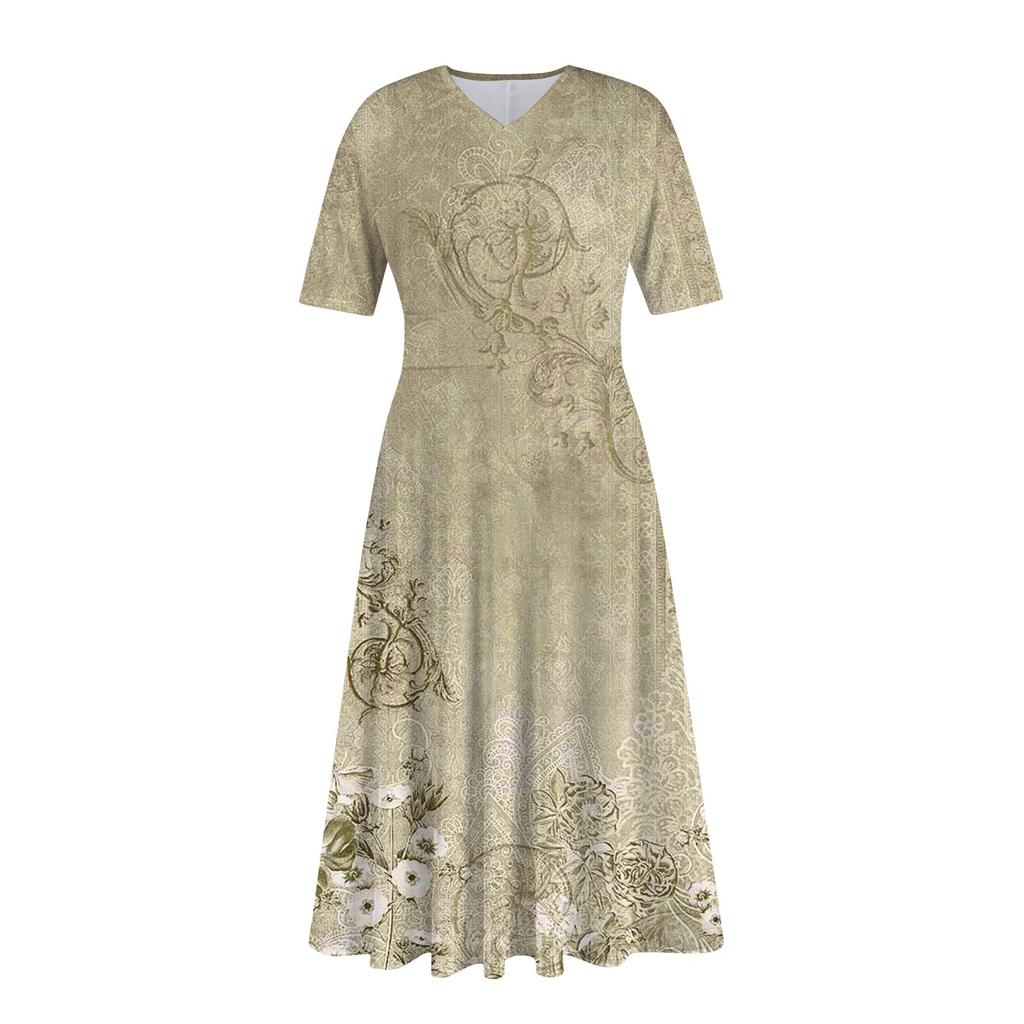 Ladies Casual Fashion Floral Print V-Neck Short Sleeve Waist Long Swing Dress