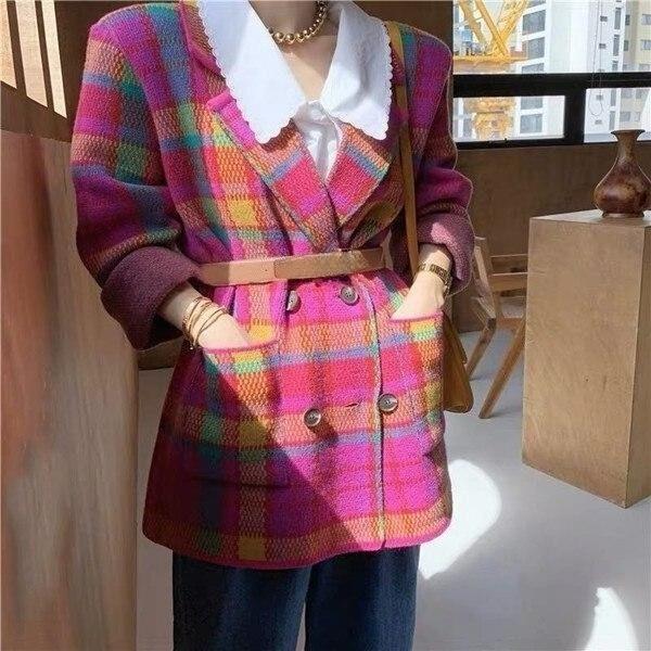 RUGOD Fashion Bright Pink Green Plaid Knit Suit Korean Elegant Notched Collar Belted Vintage Jacket Autumn Winter Women's Suits