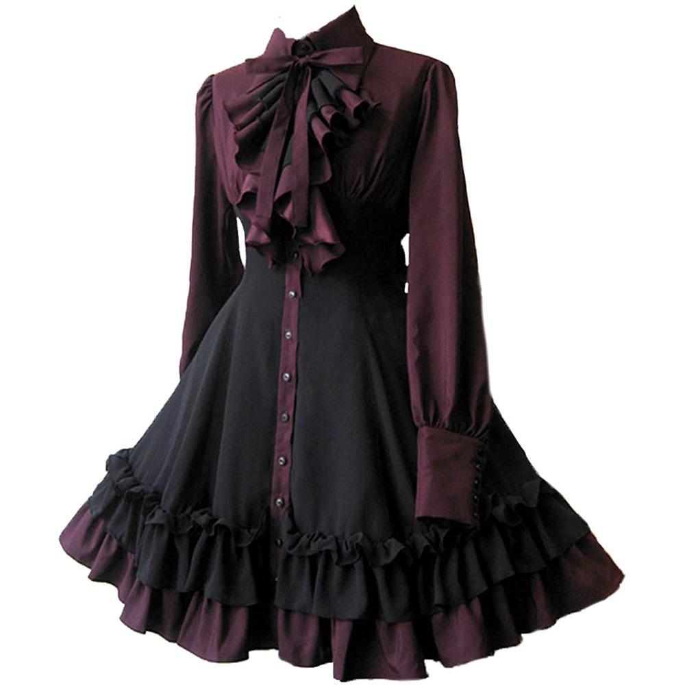 Medieval Renaissance Gothic Dress with Bow and Ruffle Skirt