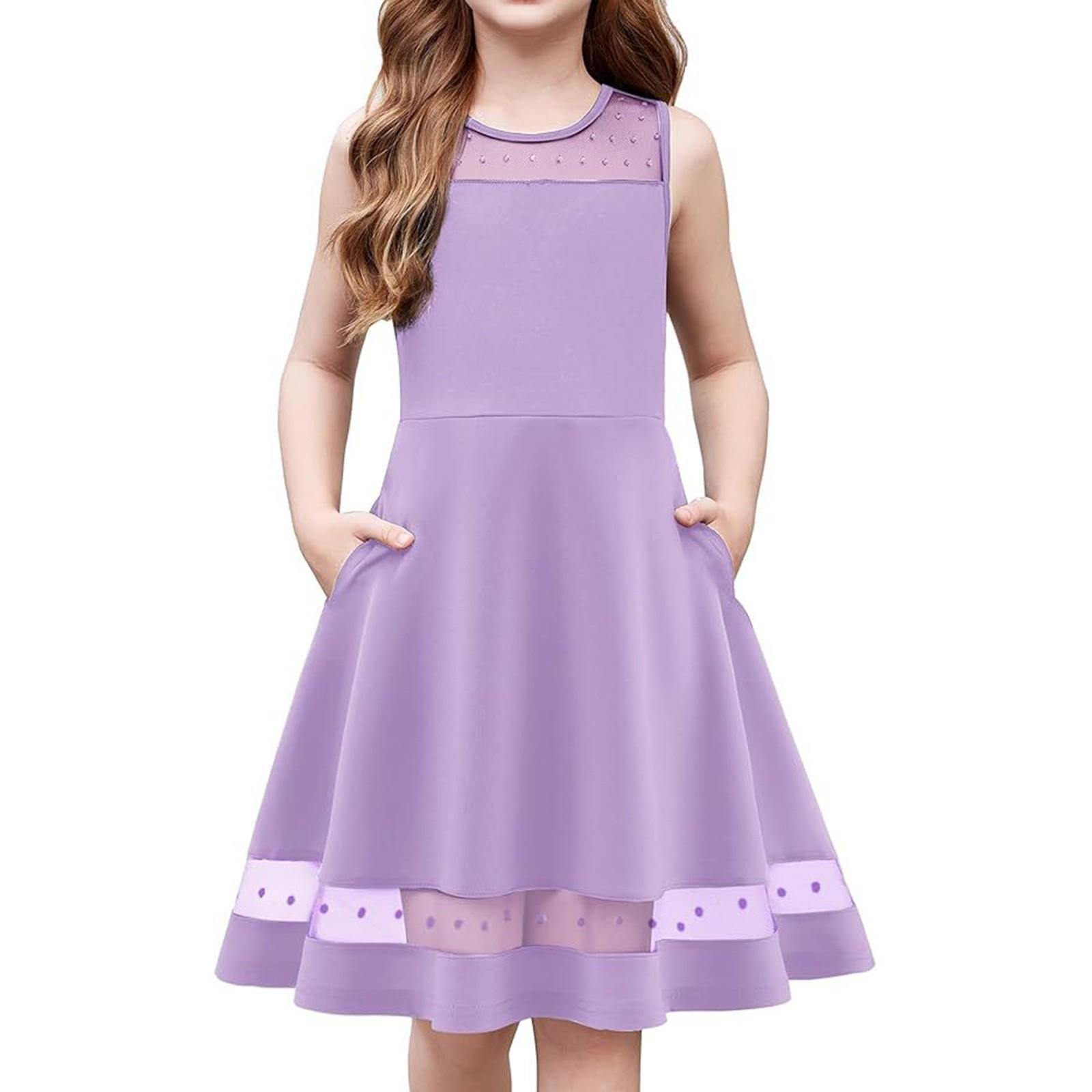 

Girls Solid Color Mesh Dress Sleeveless Round Neck A-Line Party Dress 160 світло-фіолетового кольору