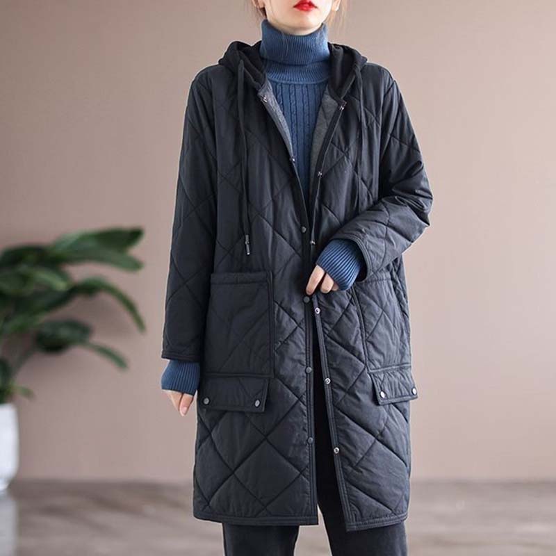 

Стеганая ромбовидная свободная хлопковая куртка женская теплая парка с капюшоном в стиле пэчворк повседневная езда на работу весна и осень в стиле Харадзюку 3XL чёрный