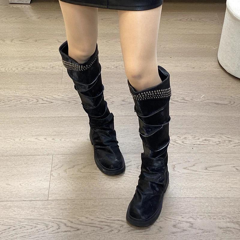 Distressed Studded Western Cowboy Botas Mujer Fashion Shoes Women Style  New Rock High Heels Runway Sneaker