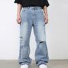 High Street Denim Pants Men Retro Distressed Ripped Jeans Men Fashion Hole Blue Jeans Wide Leg Pants Spring Summer Denim Trousers Men