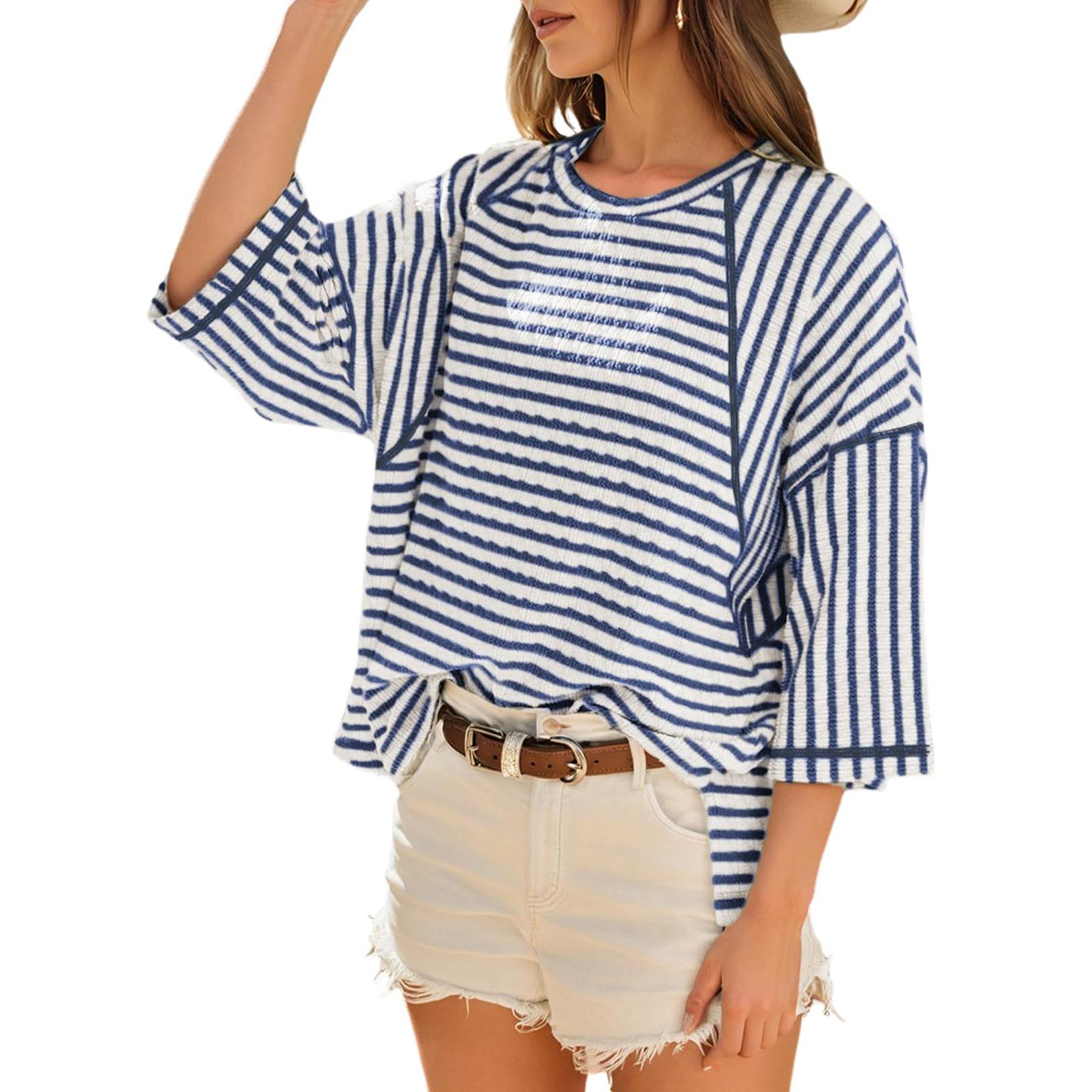 

Women s Casual Striped Color,Blocked Top XXL Темно-синій