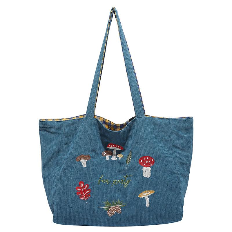 Mushroom Embroidered Shoulder Messenger Bag Corduroy Plaid Double-sided Bag Autumn and Winter New Retro Student Class Bag