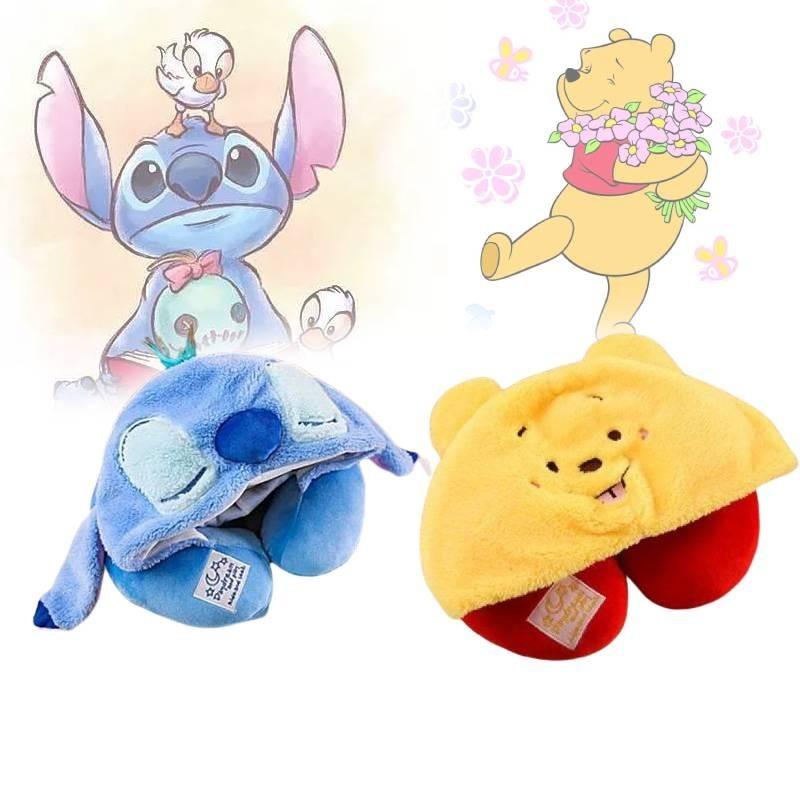 Soft Polyester Fiber Car Neck Pillow Travel Hooded Neck Cushion Cute U-shaped Plush Toy For Adults Yellow Winnie The Pooh Blue Stitch