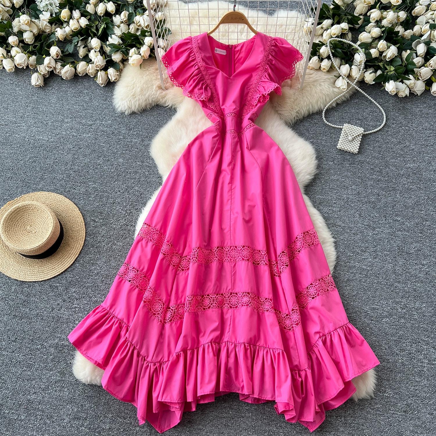 

Летние женские V-образный вырез бабочка рукав вышивка кружево пэчворк пляжный морской длинный макси нерегулярные платья 2XL розы красного