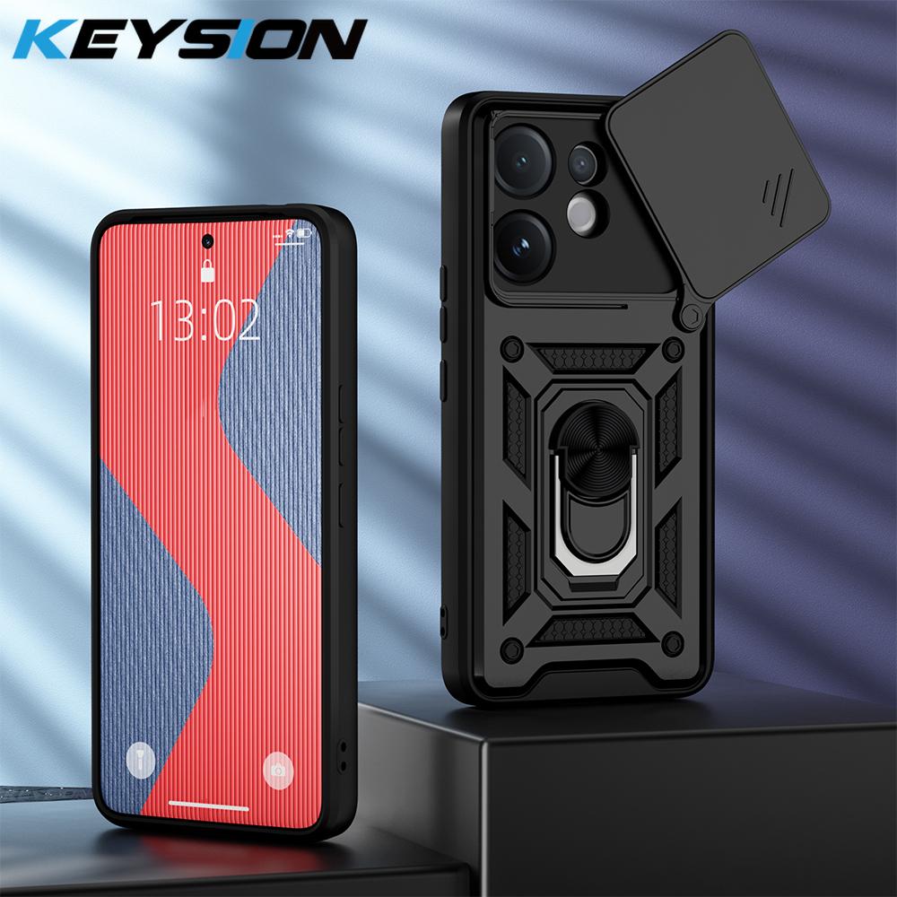 

KEYSION Shockproof Armor Case for VIVO V60 Silicone+PC Slide Camera Lens Protection Metal Ring Stand Phone Cover for VIVO V60 5G for VIVO V60