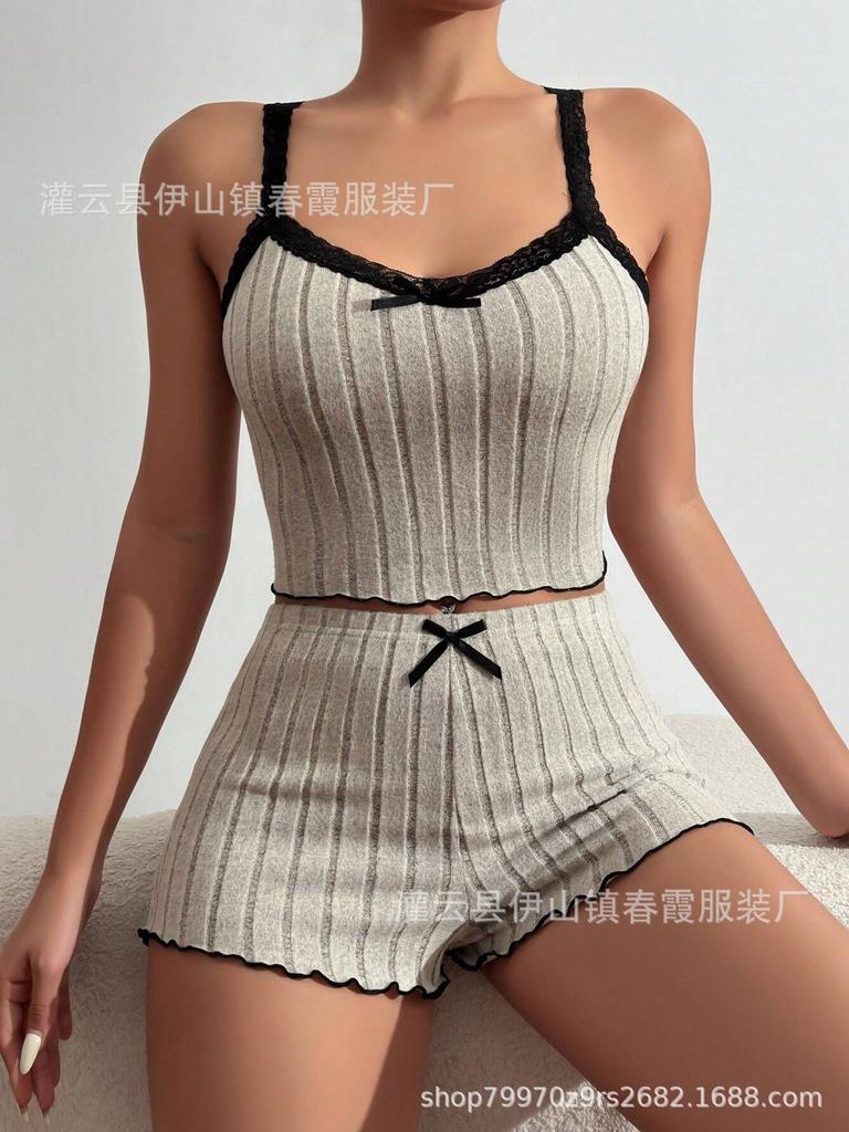 Large size pajamas women's sexy lace edge short-sleeved suspender shorts polished pit strip loungewear