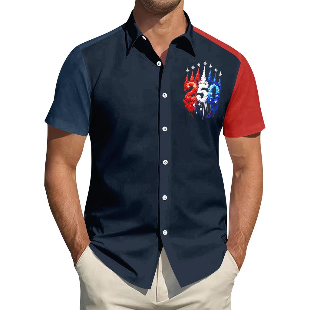Top da Uomo Stampato per il Giorno dell'Indipendenza con Colletto Camicia Casual Sportiva a Maniche Corte da Uomo